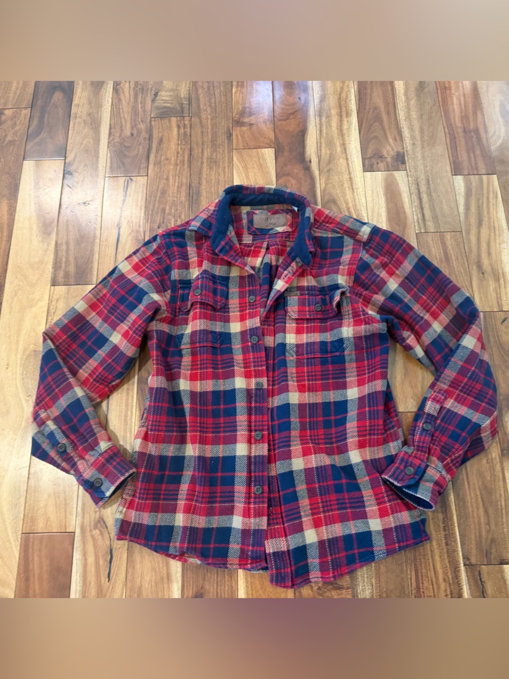 Orvis Red, Navy & Cream Plaid Flannel Shirt